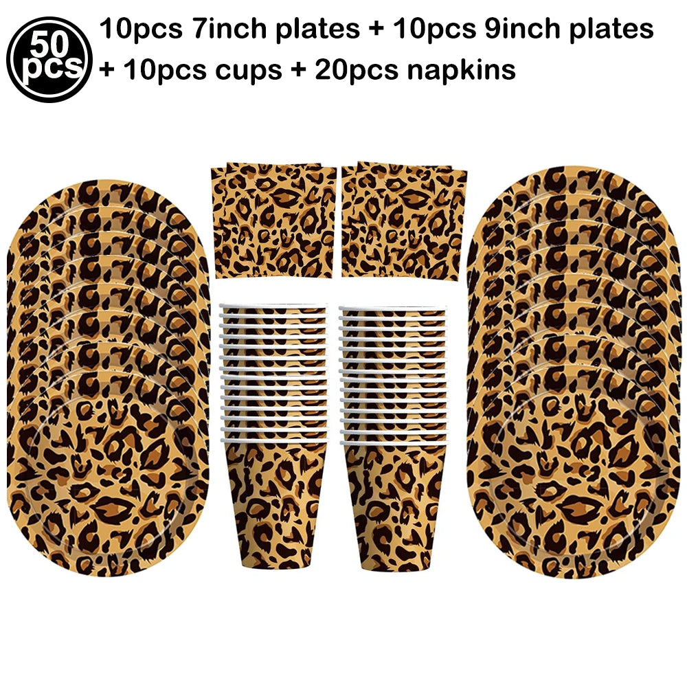 Leopard Print Party Supplies – Banner, Plates, Cups & Napkins Party Tableware Set Babs Dark Khaki