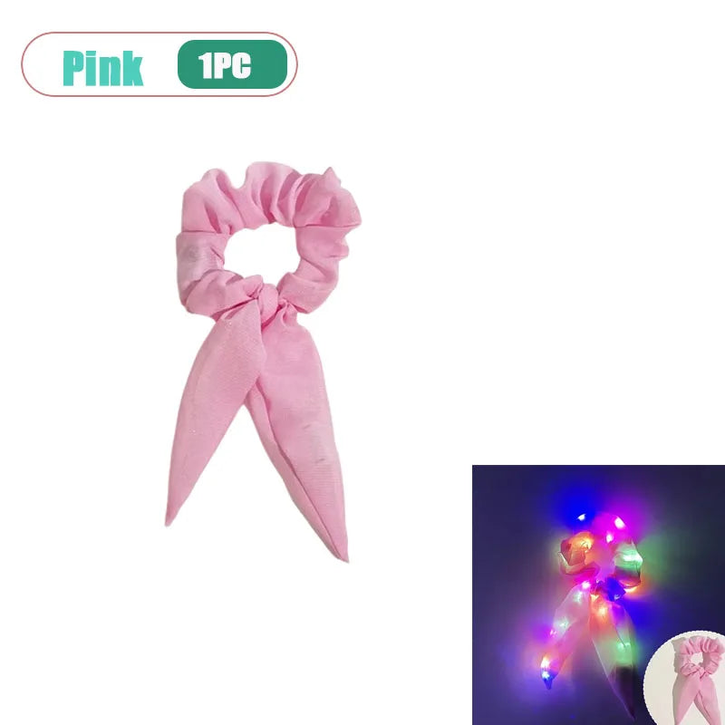 LED Light-Up Bow Scrunchie Glowing Hair Tie | Party Festival LED Hair Accessory Babs Pink-1pc