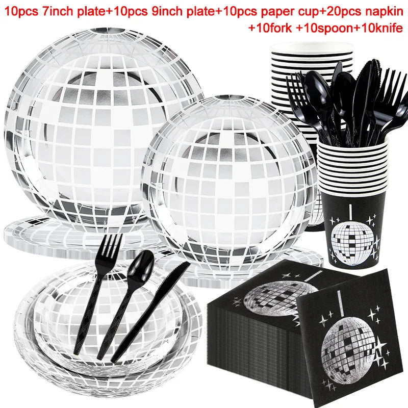 Disco Party Disposable Tableware Set – Silver Ball Plates & Cups Disposable Party Tableware Babs