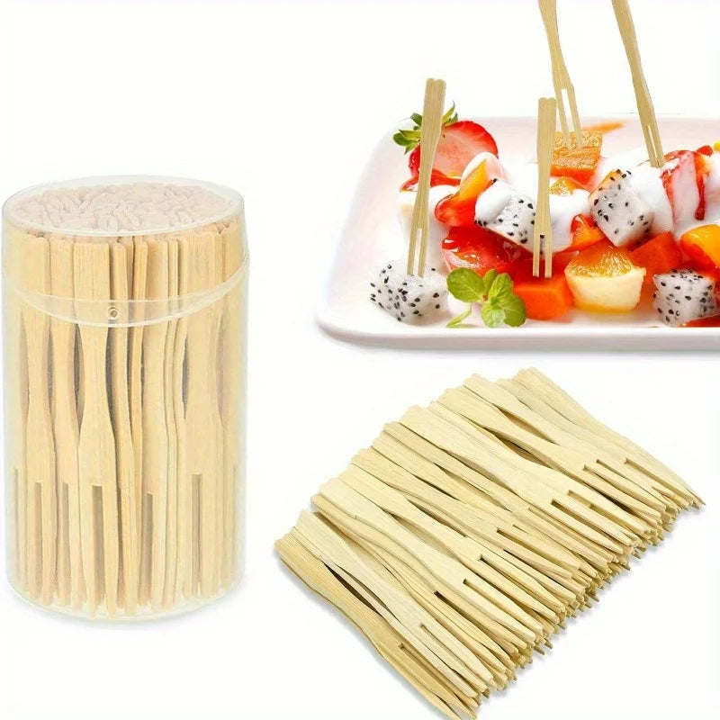 Bamboo Mini Food Picks 9cm – Disposable Double Prong Fruit Forks Bamboo Food Picks Babs