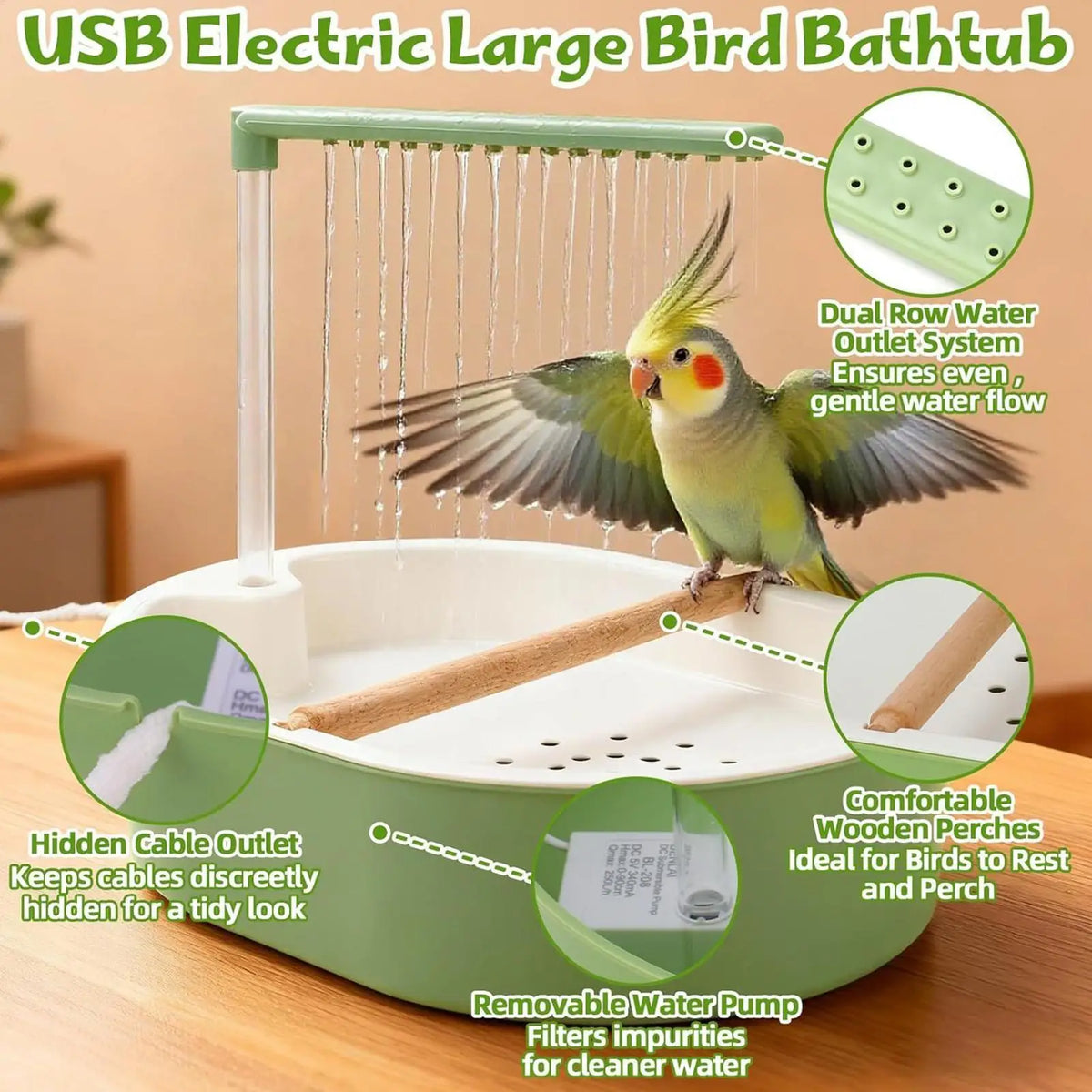 USB Electric Bird Bath Cage Basin | Parrot, Cockatiel, Lovebird Electric Bird Bath Babs