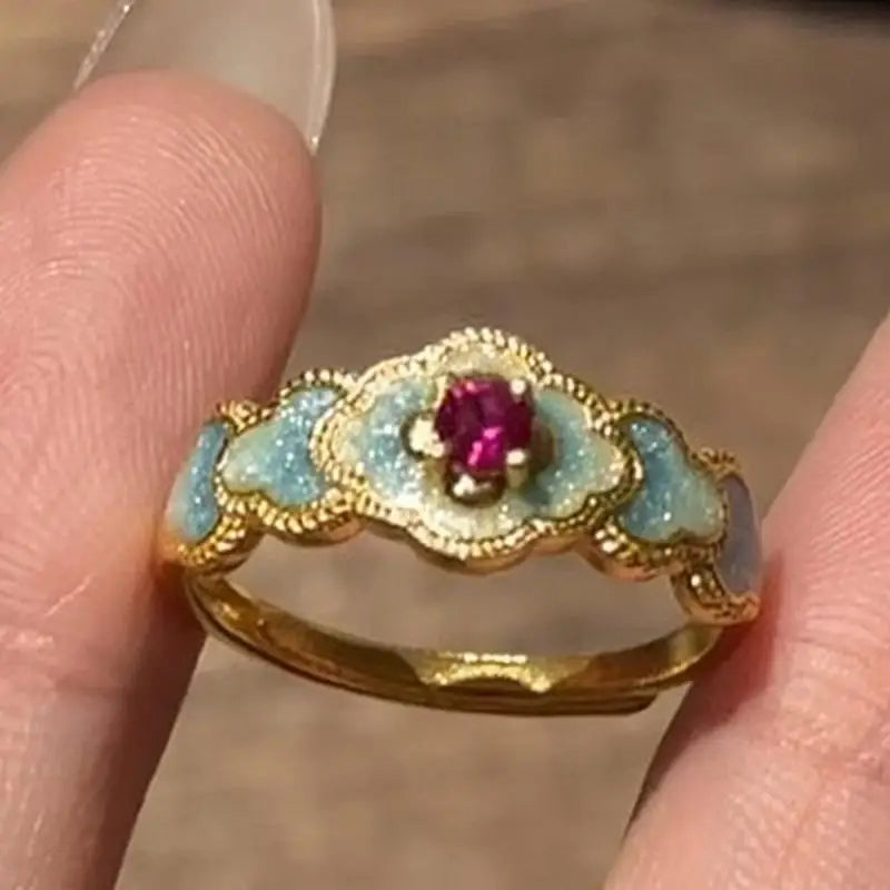 Vintage Palace Auspicious Cloud Ruby Zircon Ring – Adjustable Cocktail Ring Babs