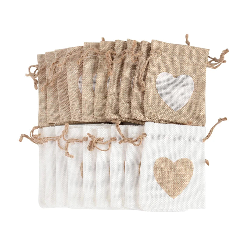 10Pcs Heart Burlap Jute Drawstring Bags – Rustic Gift Pouches Burlap Gift Bags Babs