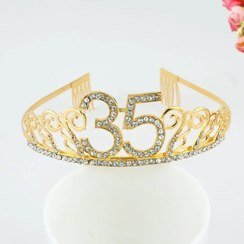 Rose Gold Satin Sash & Crystal Crown Tiara Set – Birthday Party Party Sash & Tiara Set Babs gold crown 35