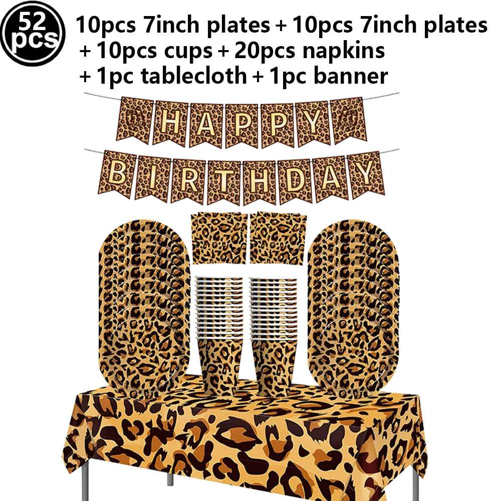 Leopard Print Party Supplies – Banner, Plates, Cups & Napkins Party Tableware Set Babs green