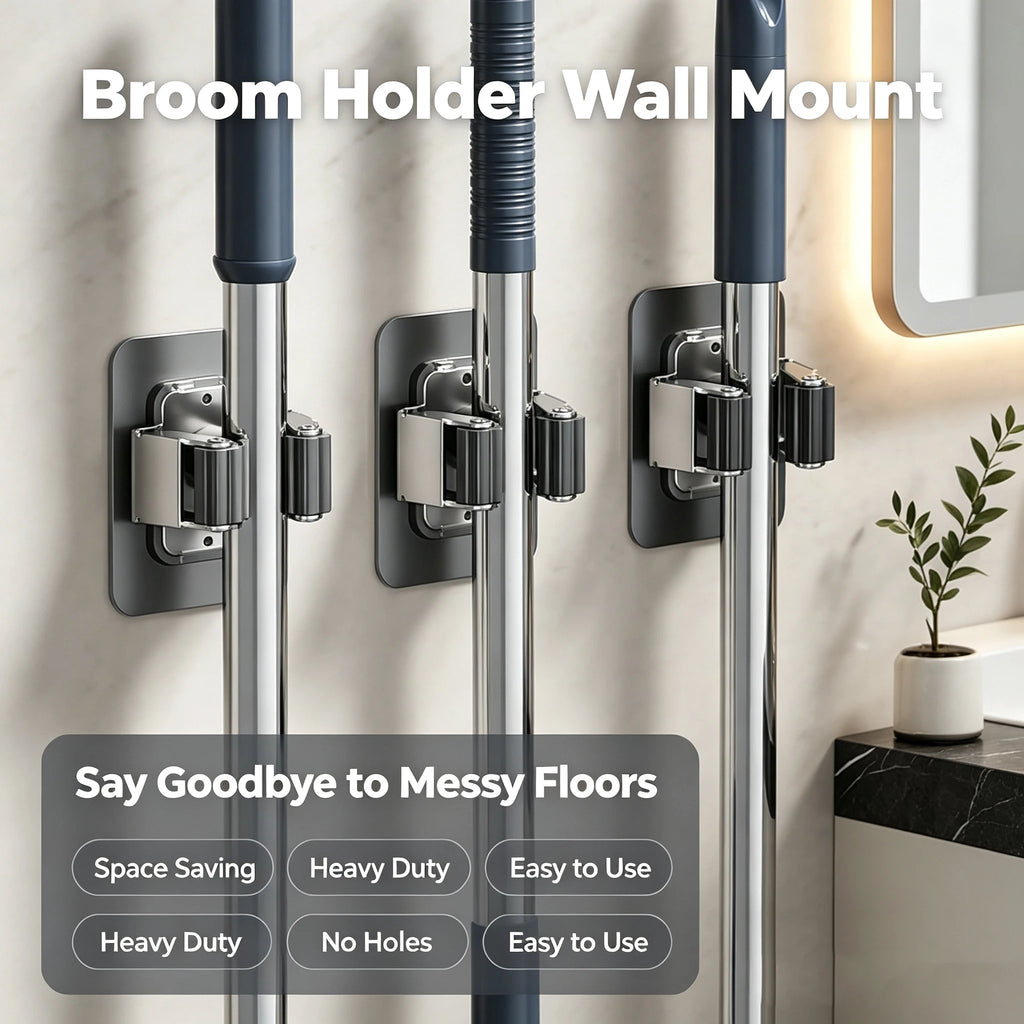 Stainless Steel Mop & Broom Wall Hook – Self-Adhesive Rack Wall Organizer Hook Babs
