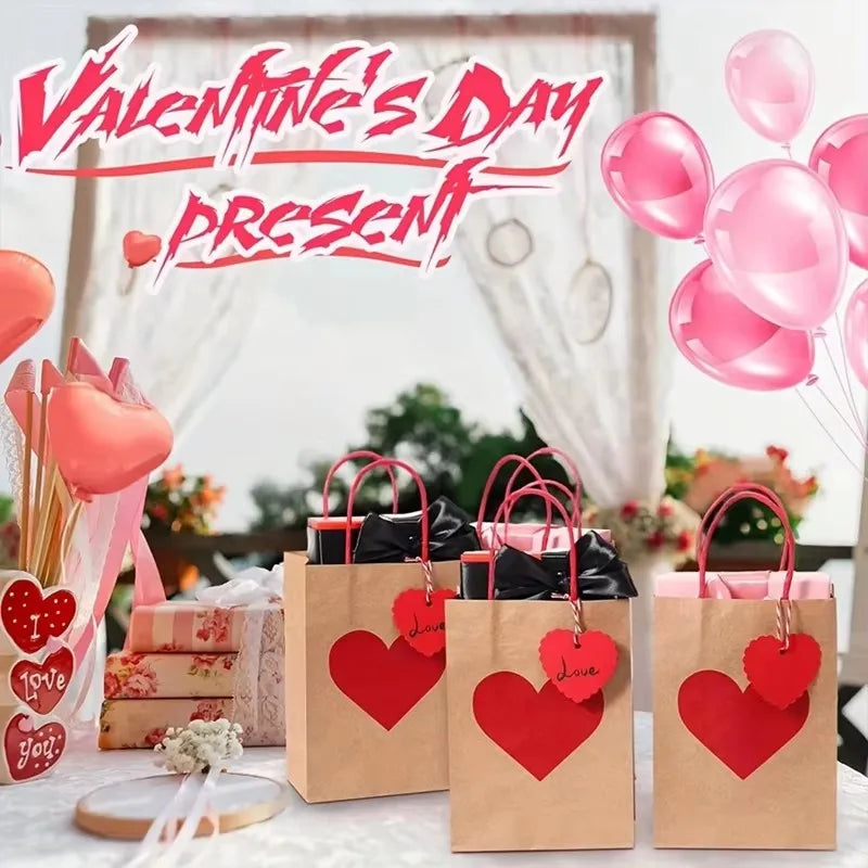 10Pcs Red Heart Kraft Paper Gift Bags with Tags | Party & Wedding Kraft Paper Gift Bags Babs