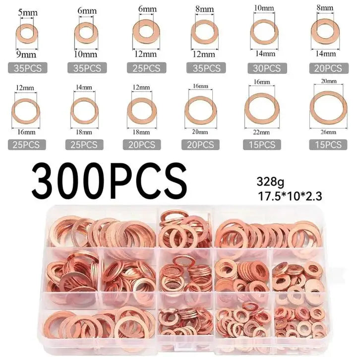 Copper Washer Gasket Set 50/100/120 Pcs Flat Ring Seal Kit Copper Washer Kit Babs Copper 300pcs