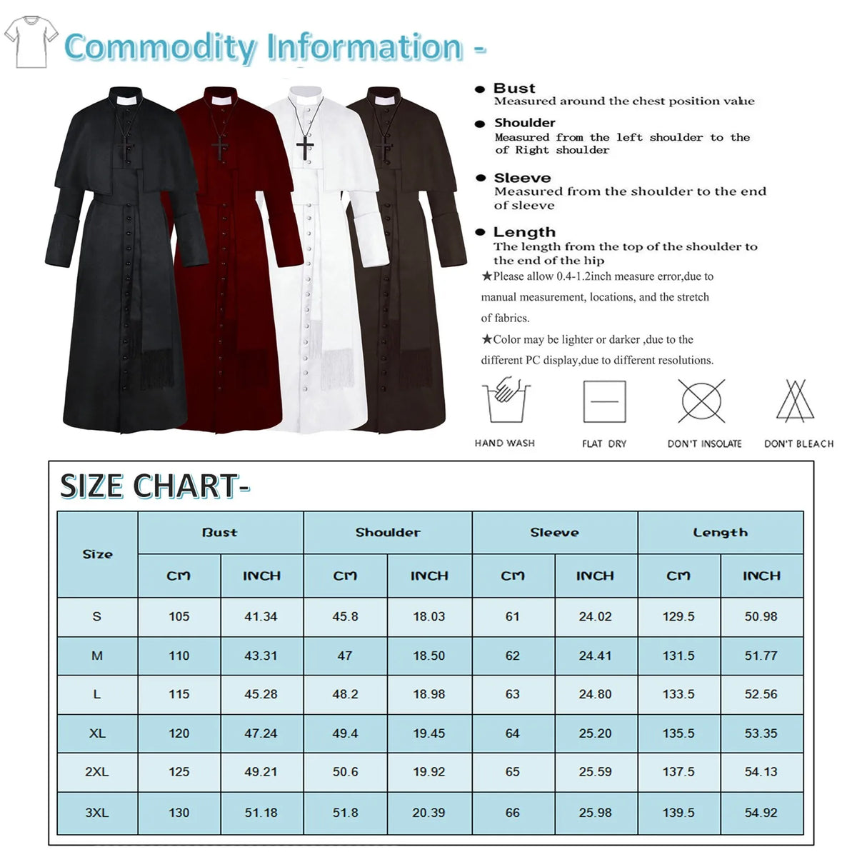 Medieval Priest Costume Robe Set – Unisex S–3XL with Cross Cosplay Costume Set Babs