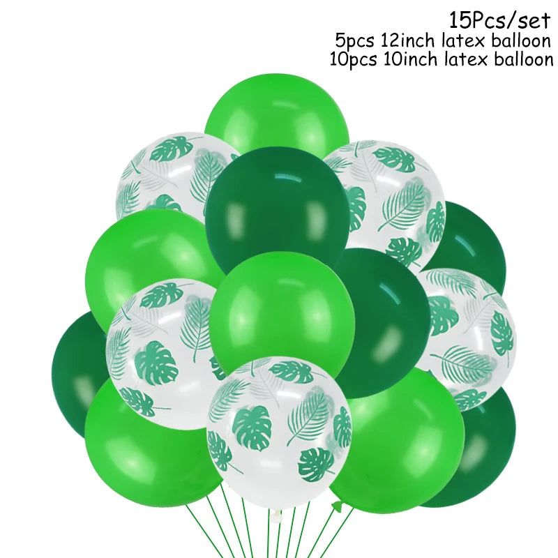 Jungle Safari Party Balloons – Green Latex & Foil Palm Leaf Set Party Balloon Set Babs 15pcs C as picture