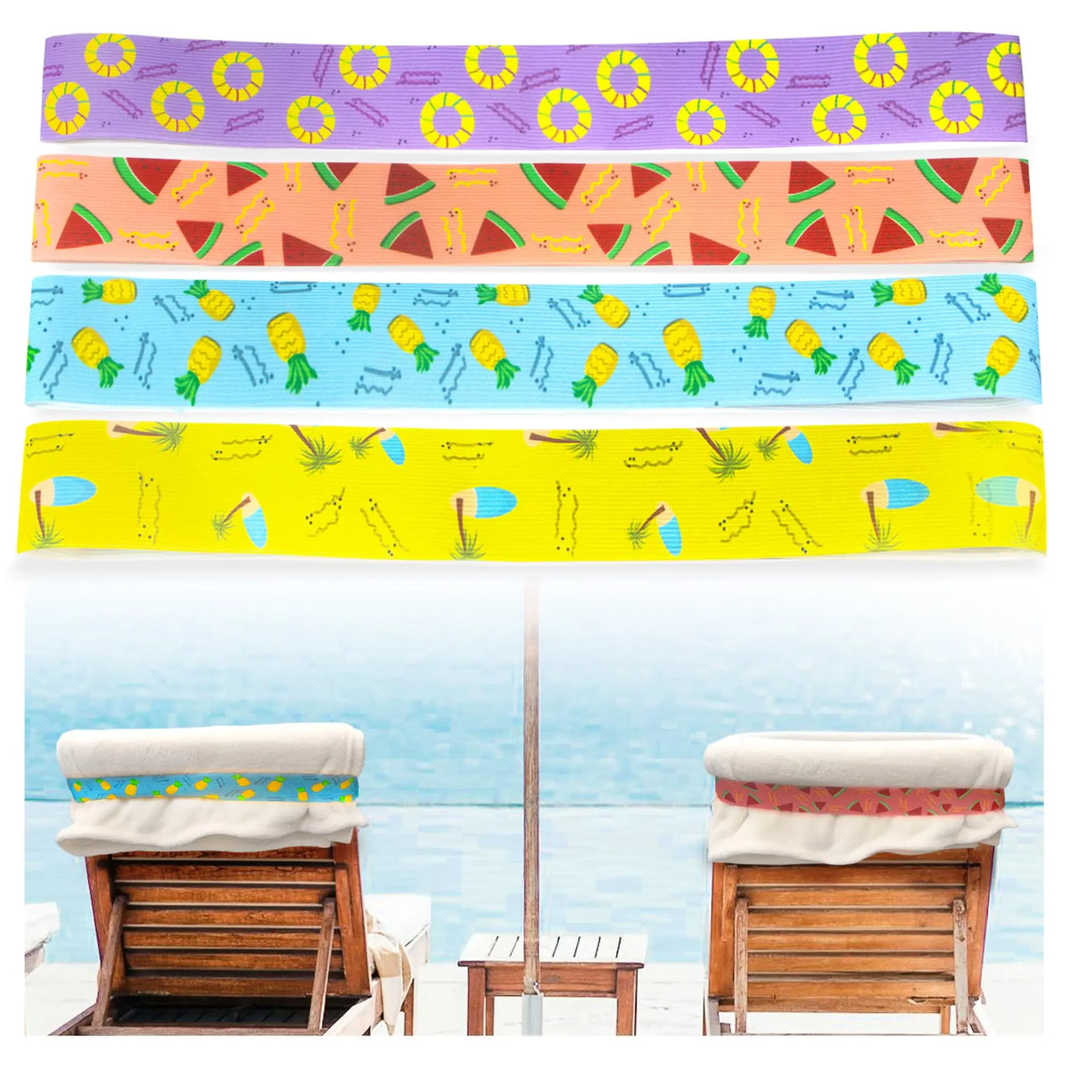 5-Pack Fruit Print Elastic Beach Towel Bands | Anti-Slip Straps Beach Towel Bands Babs