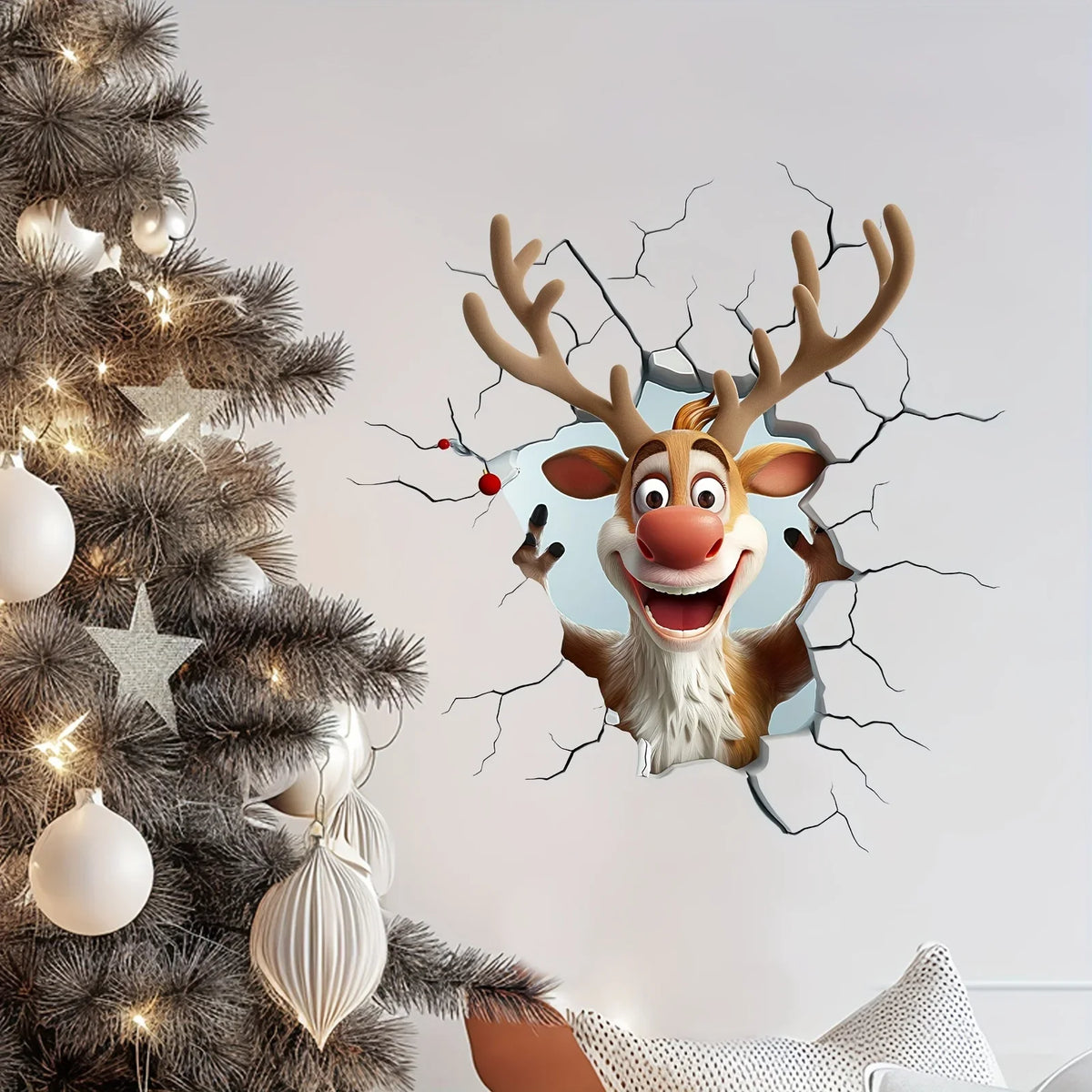 3D Reindeer Break-Through Vinyl Wall Decal | Christmas Decor Vinyl Wall Decal Babs