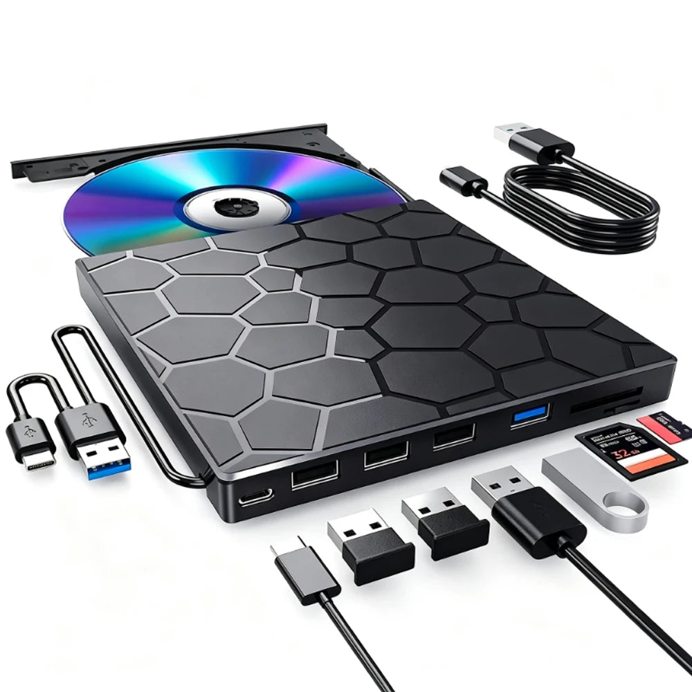 KEBIDUMEI 8-in-1 USB 3.0 External DVD CD Burner & Card Reader External Optical Drive Babs black
