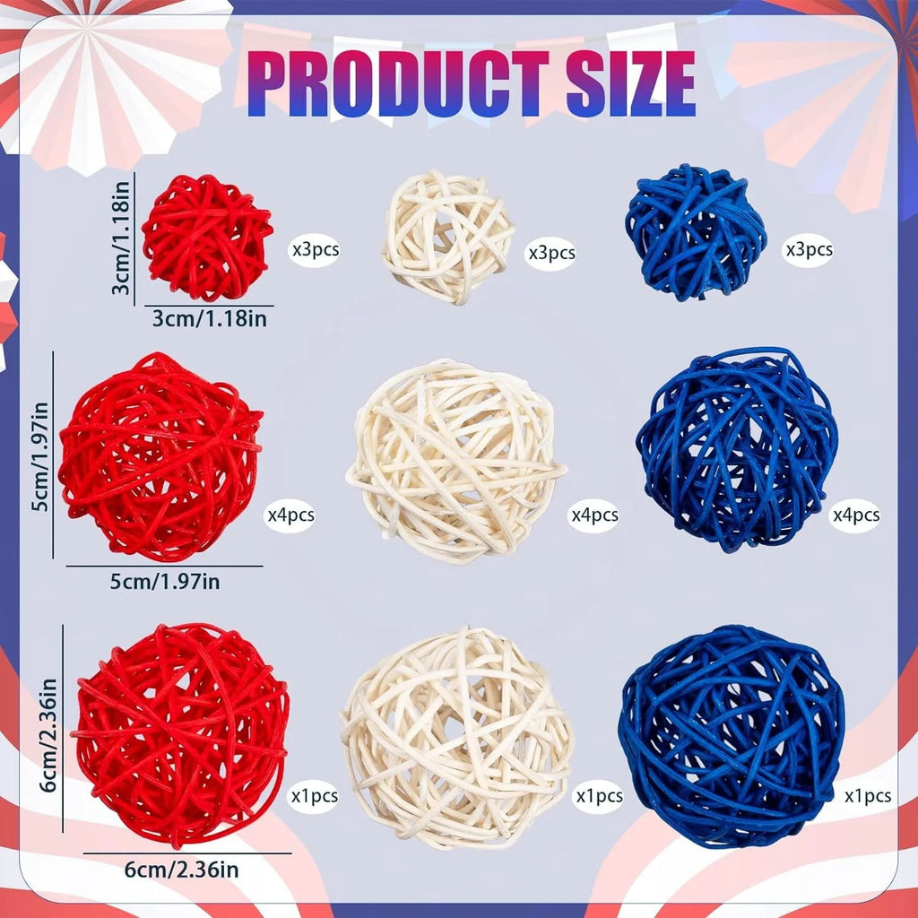 18/24pcs Red & Blue Rattan Ball Pendants – 4th of July Decor Holiday Party Decor Babs