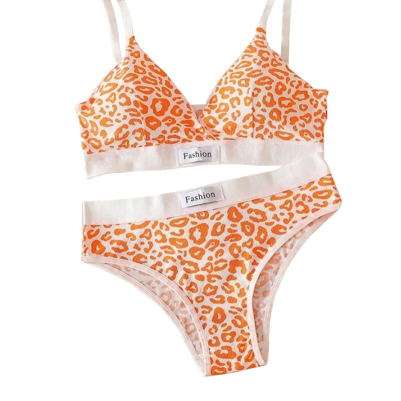 Women's Leopard Print Wire-Free Seamless Bra & Brief Set Bra & Brief Set Babs Orange One Size