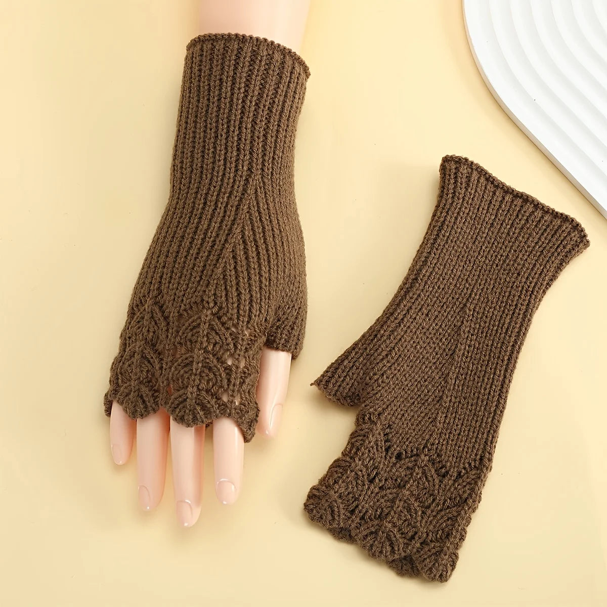 Women's Fishnet Knit Gloves – Stylish Outdoor Winter Warmth Knit Fashion Gloves Babs Dark Khaki One Size