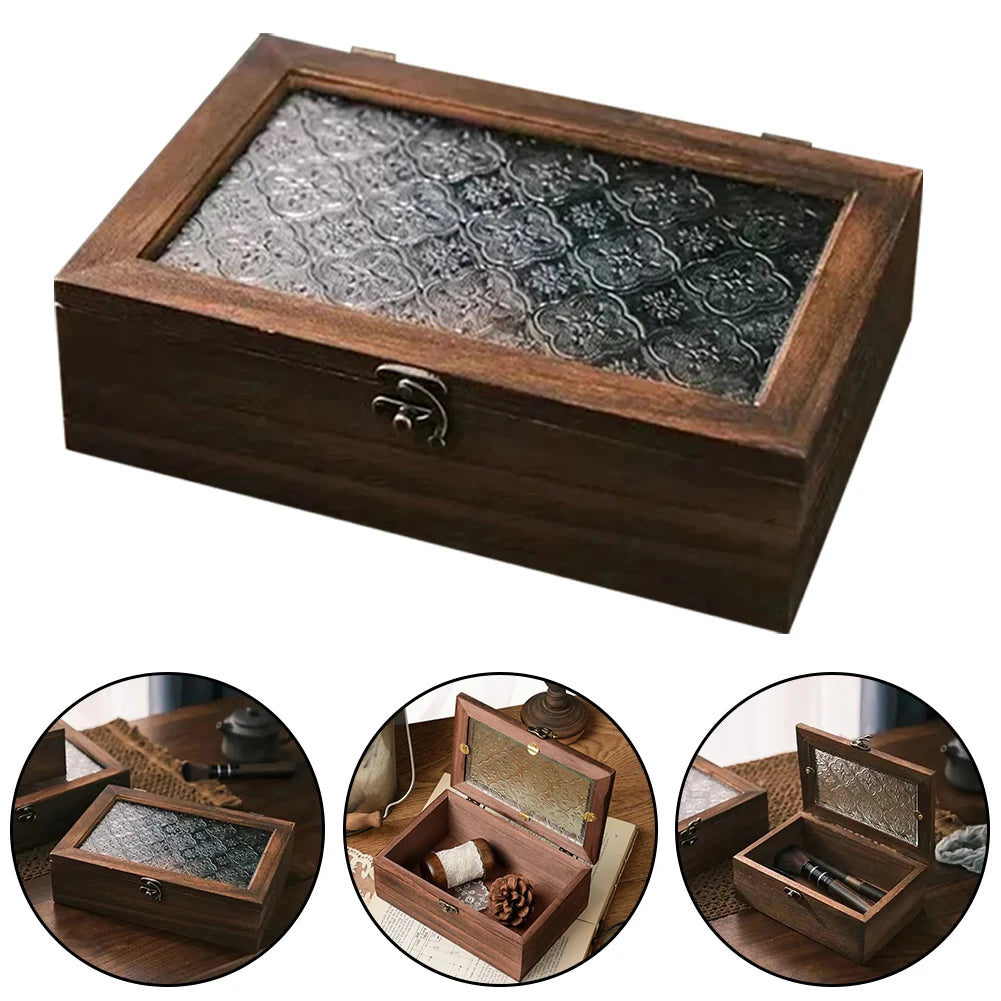 Nordic Retro Solid Wood Begonia Flower Glass Hinged Storage Box Decorative Storage Box Babs