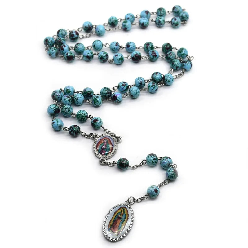 Glass Bead Rosary Necklace – Vintage Catholic Cross Pendant Rosary Necklace Babs