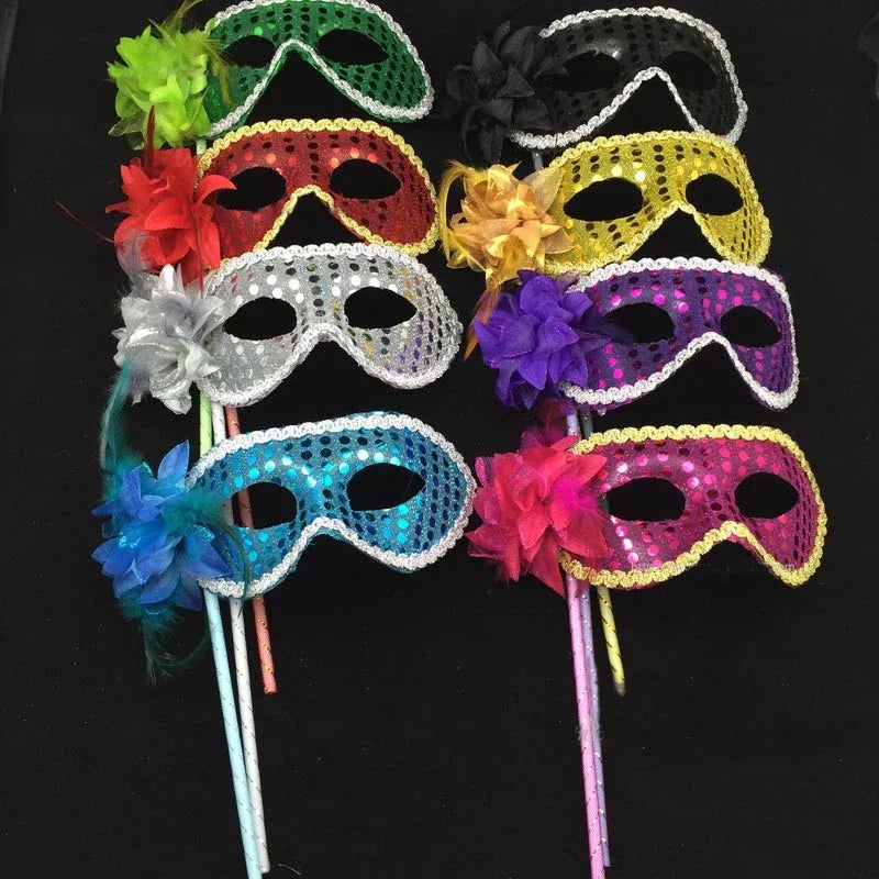 10pcs Sequin Feather Masquerade Masks on Stick for Women Masquerade Mask Set Babs Mix colors