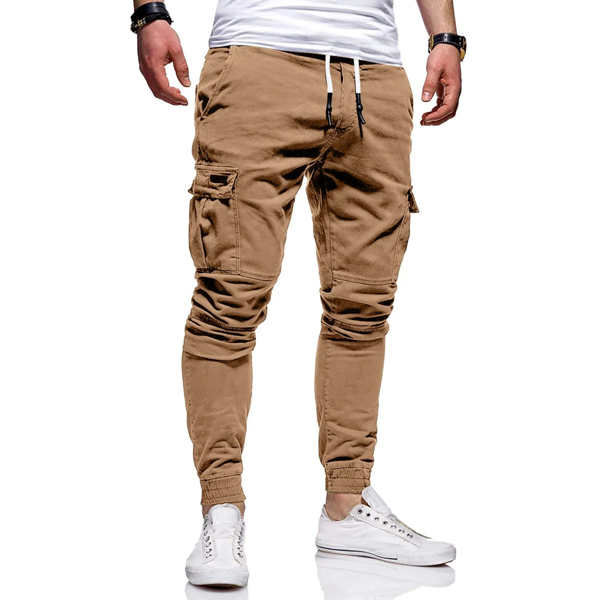 Men's Slim Fit Drawstring Casual Pants – Multi-Pocket Trousers Casual Drawstring Pants Babs Khaki M
