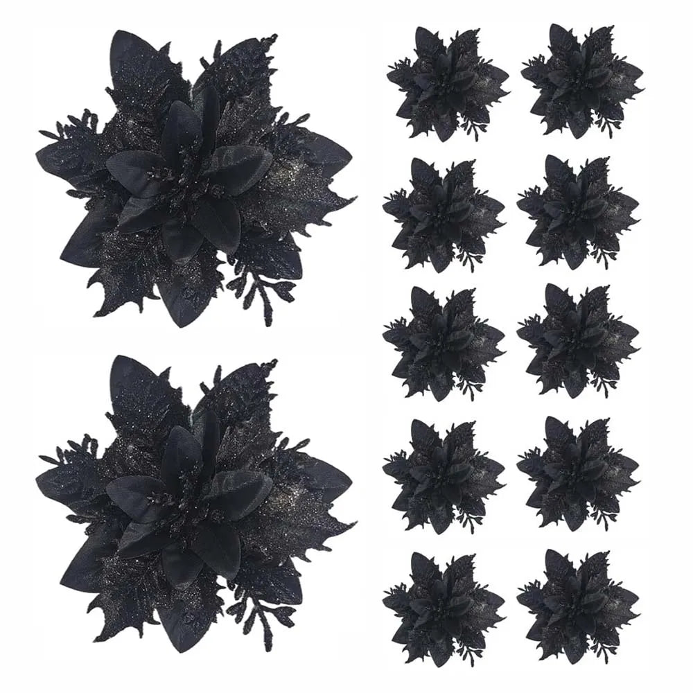 Christmas Glitter Flower Ornaments Pink Red Gold 5/10pcs Christmas Tree Ornaments Babs black 20Pcs
