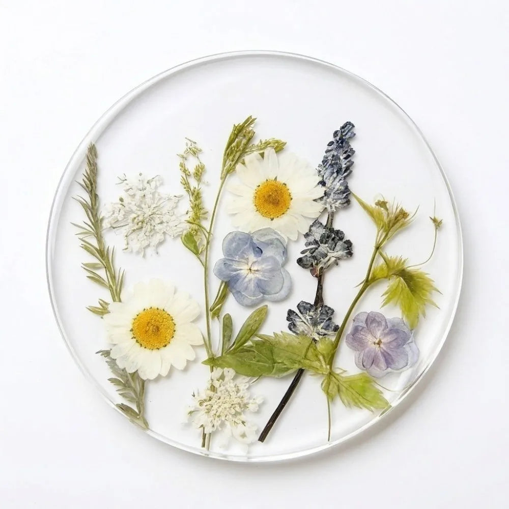Round Acrylic Coasters – Colorful Floral Transparent Cup Mats Decorative Coasters Babs Blue White