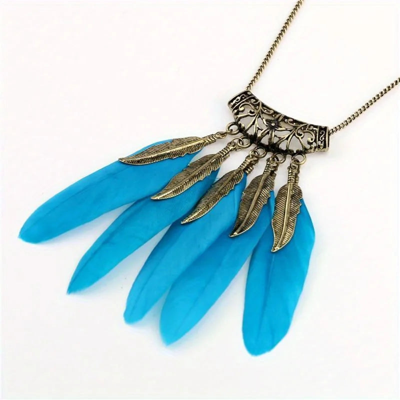 Retro Leaf & Feather Long Sweater Chain Necklace for Women Sweater Chain Necklace Babs