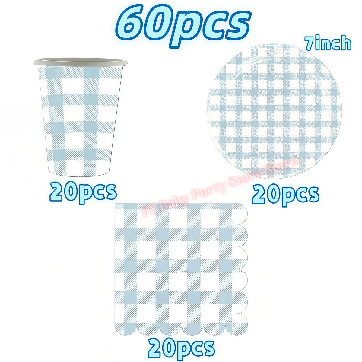 Blue Grid Birthday Party Supplies – Plates, Cups & Napkins Set Party Tableware Set Babs 60pcs others