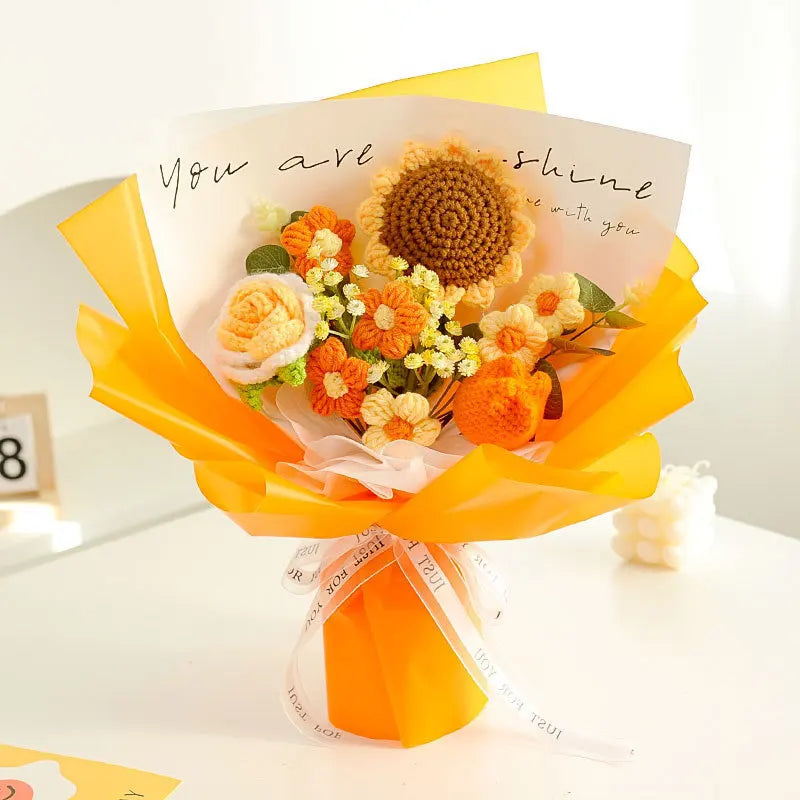 Hand Knitted Crochet Rose Bouquet – Everlasting Artificial Flowers Crochet Flower Bouquet Babs Yellow 1PC