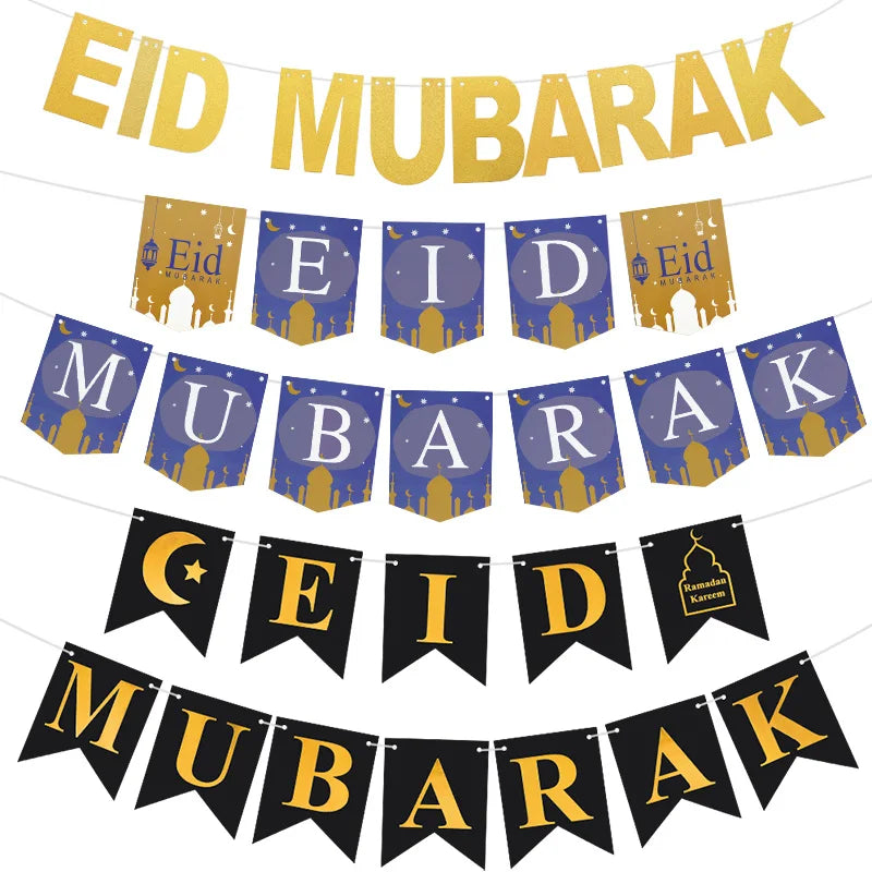 Eid Mubarak Glitter Banner – Star Moon Paper Bunting Garland Party Banner Garland Babs