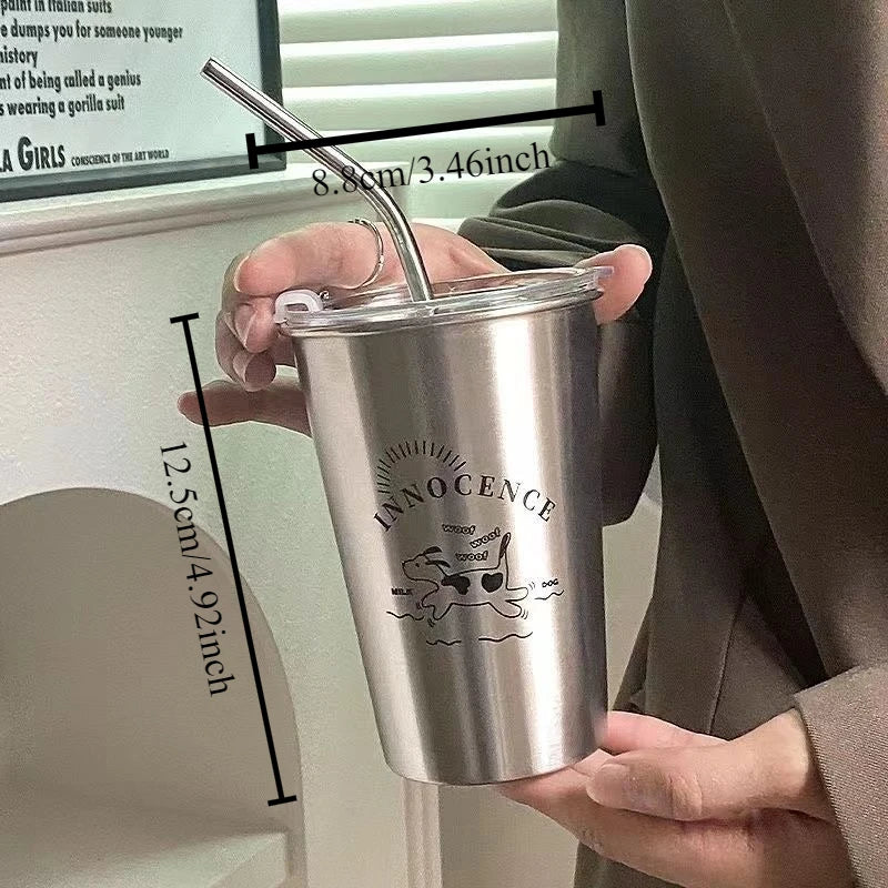 Large Stainless Steel Straw Cup with Lid – Hot & Cold Drinks Stainless Steel Tumbler Babs dog
