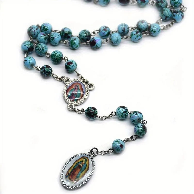 Glass Bead Rosary Necklace – Vintage Catholic Cross Pendant Rosary Necklace Babs