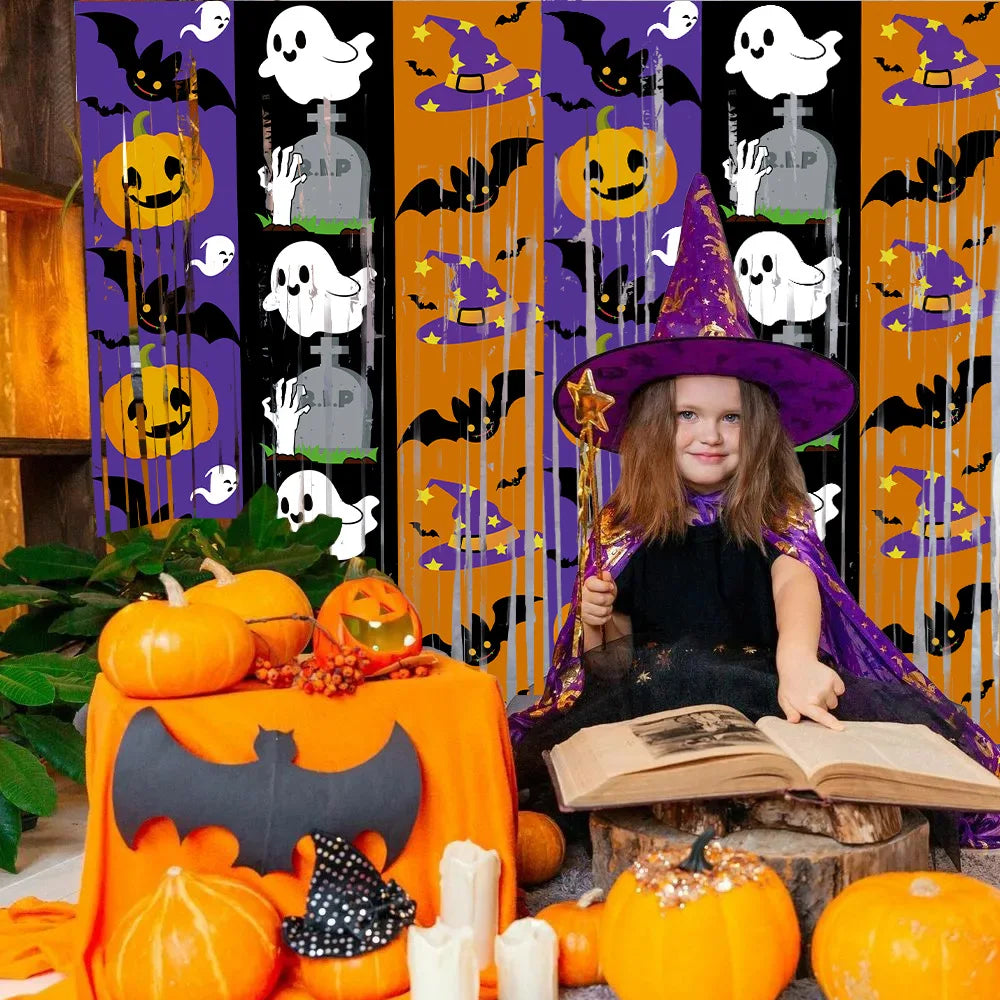 Halloween Foil Fringe Curtain – Bat Ghost Pumpkin Party Backdrop Halloween Party Decoration Babs