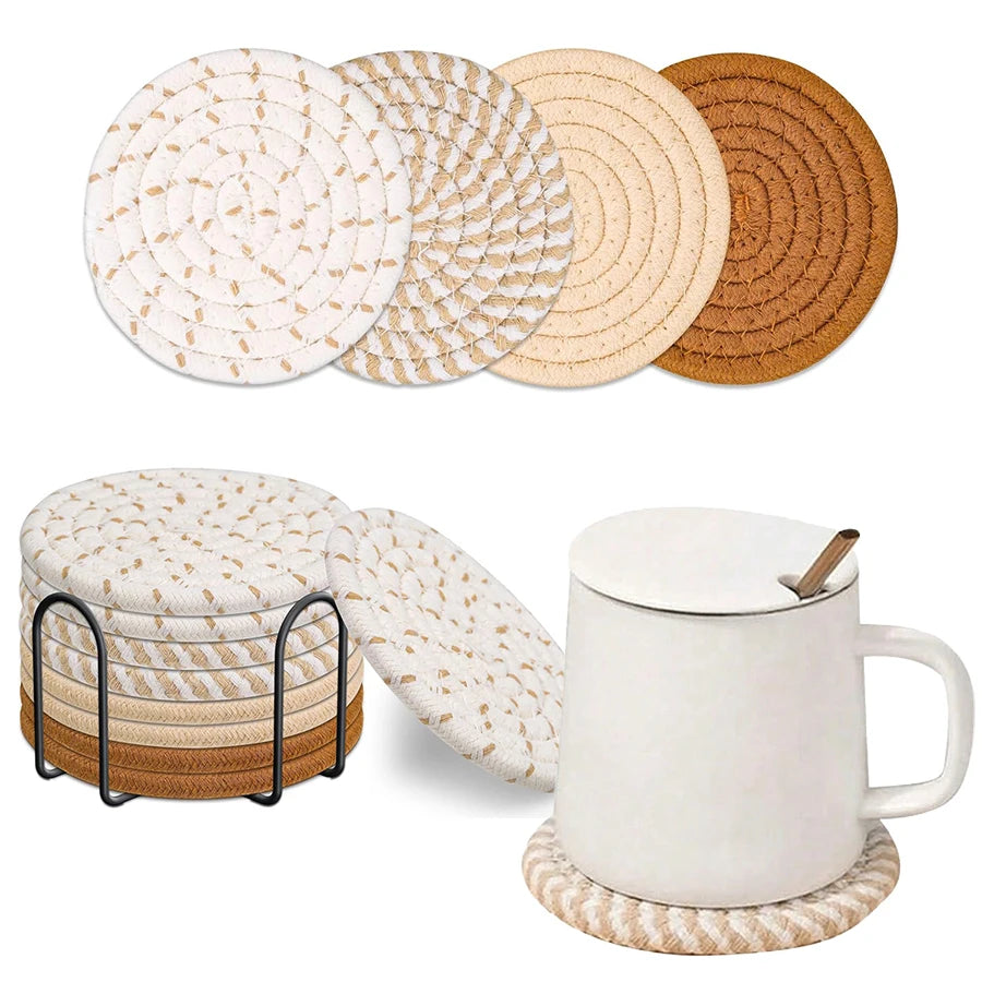8-Piece Absorbent Cotton Woven Boho Coasters – Table Decor Woven Drink Coasters Babs