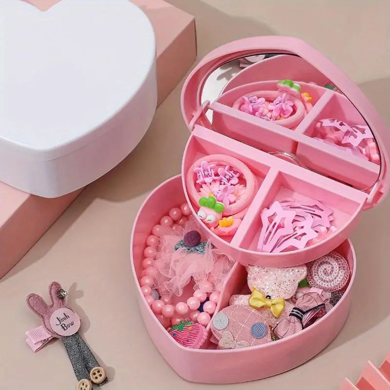 Pink Heart Jewelry & Makeup Storage Box – Double-Layer Mirror Jewelry Storage Box Babs