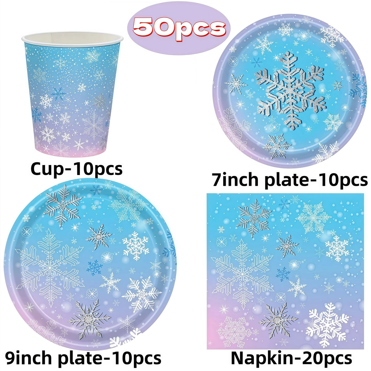 Snowflake Party Supplies – Cups, Plates, Napkins & Tablecloth Party Tableware Set Babs 50pcs others