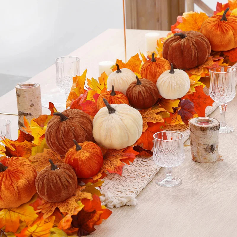 9pc Velvet Artificial Pumpkins – Fall Halloween Thanksgiving Decor Artificial Pumpkins Babs