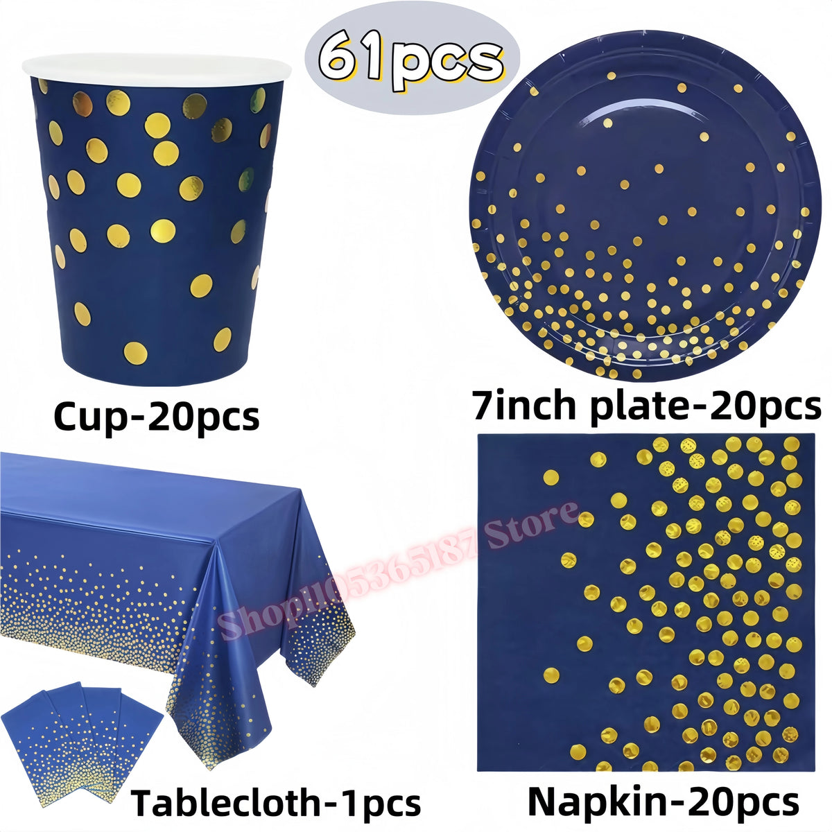 Rose Gold Dark Blue Party Tableware – Cups, Plates & Napkins Set