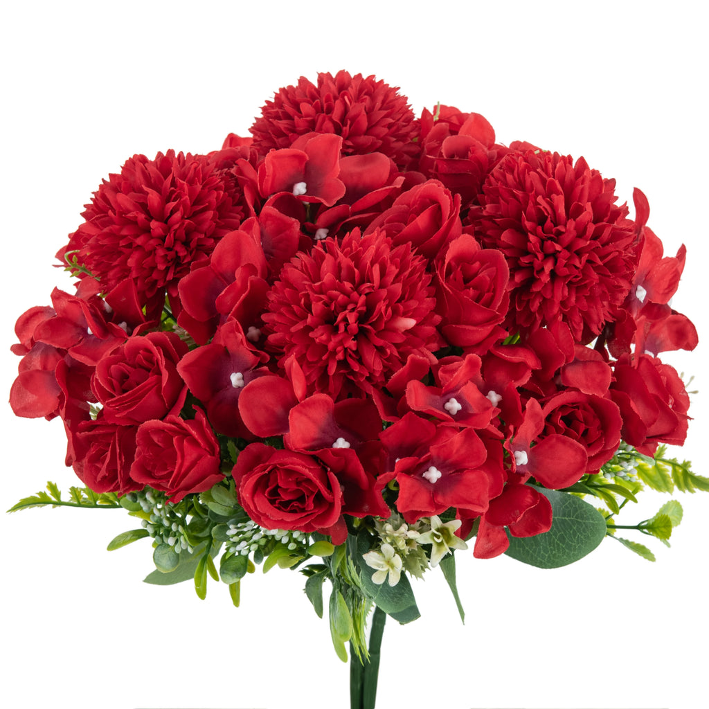 Silk Rose & Chrysanthemum Artificial Bouquet | Wedding & Home Artificial Silk Flowers Babs Red 3pcs