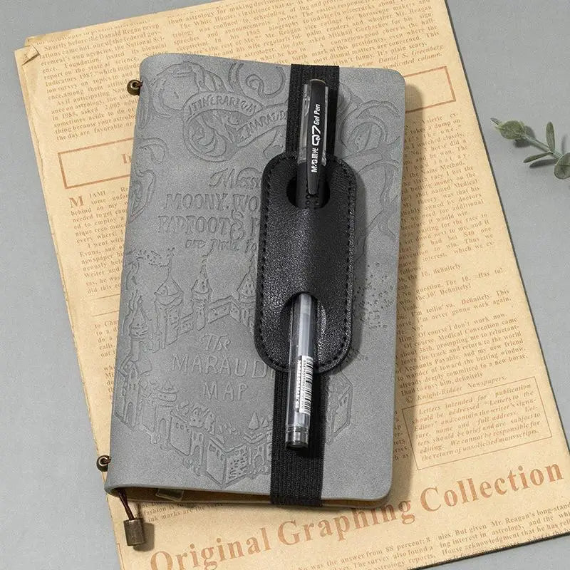 PU Leather Pen Holder with Elastic Band for Notebooks Pen Holder Clip Babs black 1pcs A6