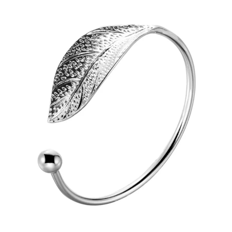 Women's Silver Leaf Cuff Bangle | Open Plant Bracelet Cuff Bangle Bracelet Babs