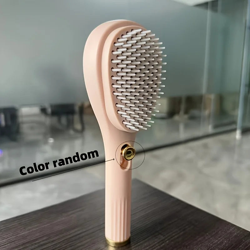 Self-Cleaning Retractable Hair Brush – Anti-Static Massage Self-Cleaning Hair Brush Babs Beige