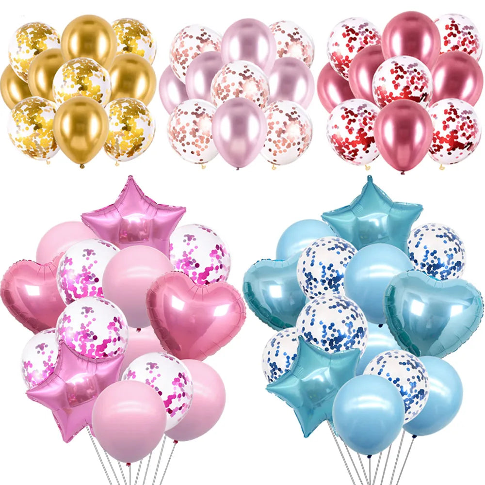 Metallic Confetti Latex Balloon Set – Heart Star Round Mix Party Balloon Set Babs
