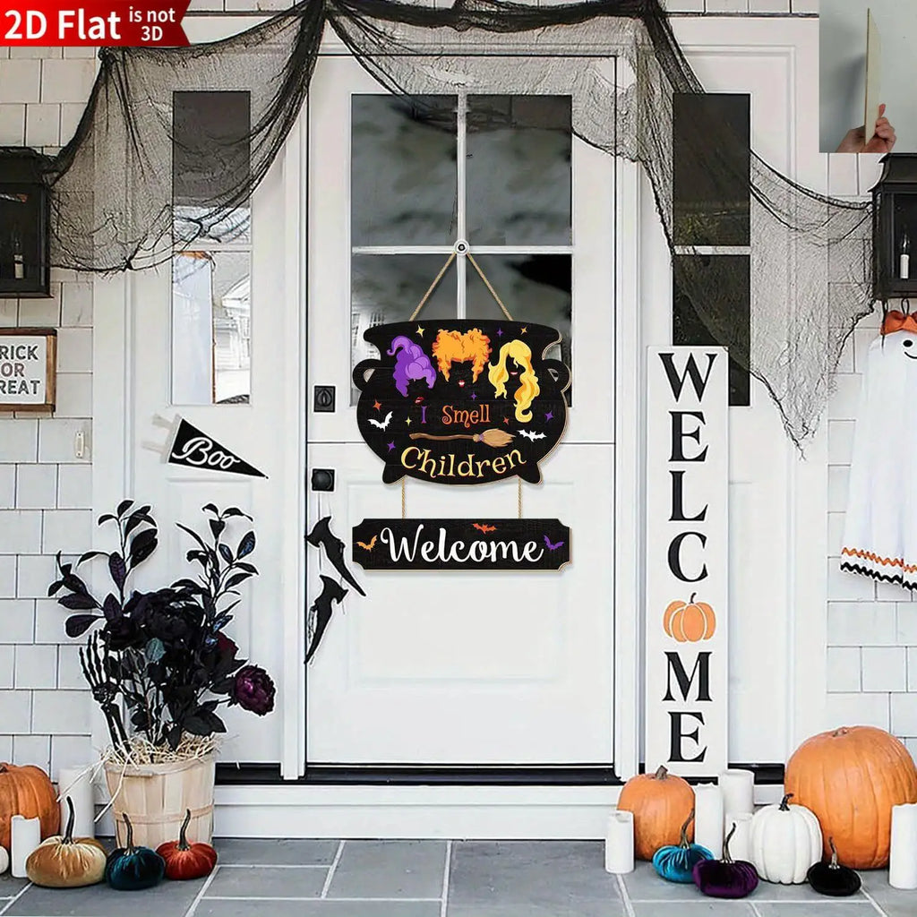 Wooden Halloween Witch Cauldron Welcome Sign – Porch Decor Holiday Door Sign Babs
