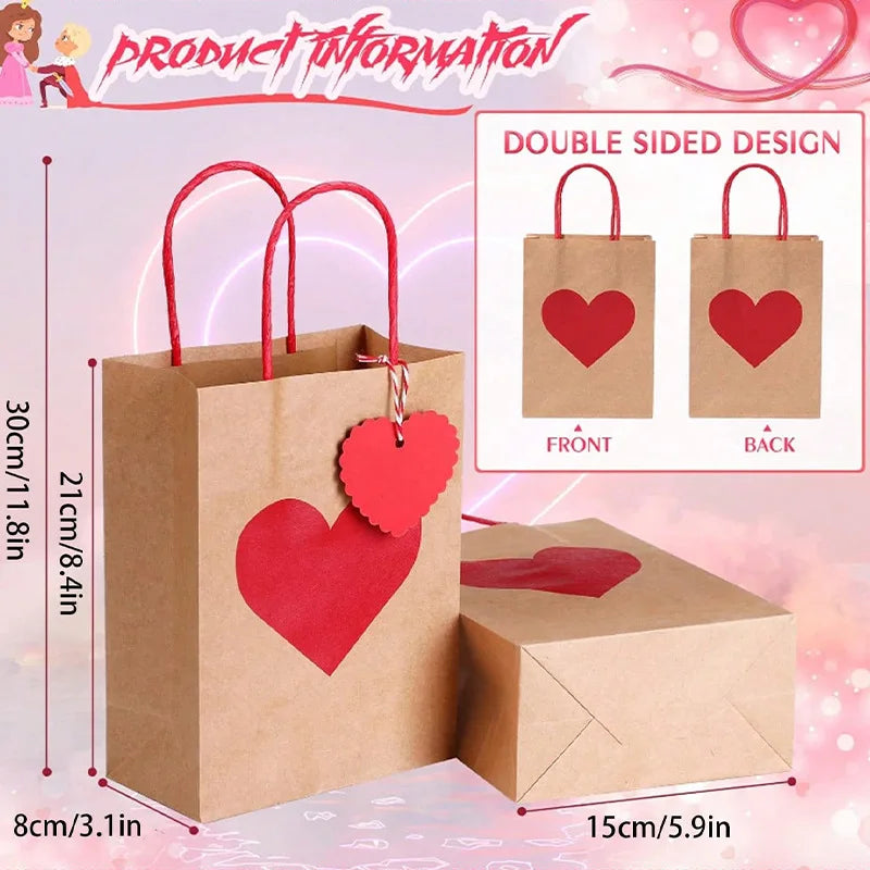 10Pcs Red Heart Kraft Paper Gift Bags with Tags | Party & Wedding Kraft Paper Gift Bags Babs