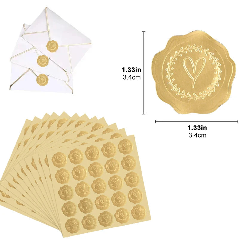 Gold Embossed Heart Wax Seal Stickers – 100–200 Pcs Decorative Seal Stickers Babs