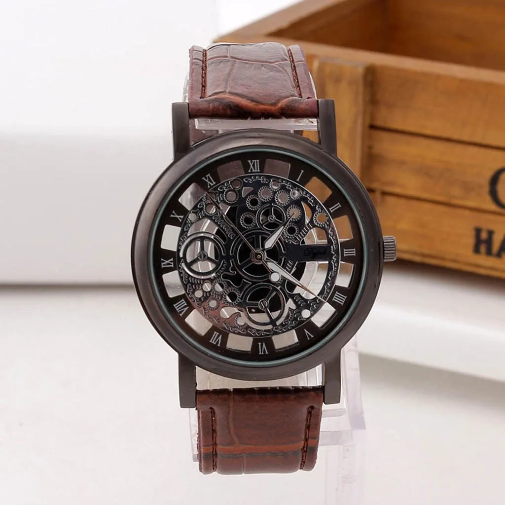 Men's Skeleton Quartz Watch | Leather Strap, Roman Numeral Dial Men's Quartz Watch Babs