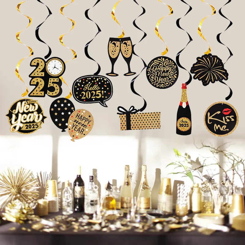 10-Pc Happy New Year 2025 Spiral Hanging Garland Party Decor Party Hanging Decoration Babs