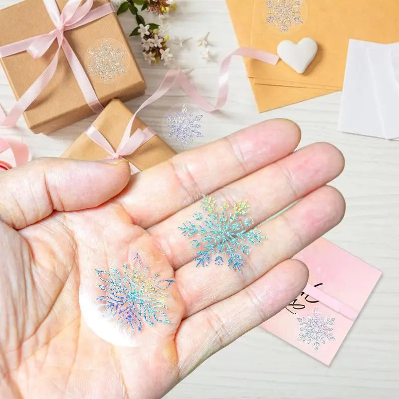 500 Transparent Snowflake Christmas Stickers Roll – Gift & Bakery Decorative Sticker Roll Babs