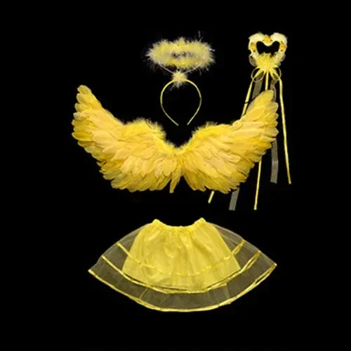 Girls Fairy Costume Set – Feather Wings, Tutu Skirt, Halo & Wand Girls Fairy Costume Babs yellow